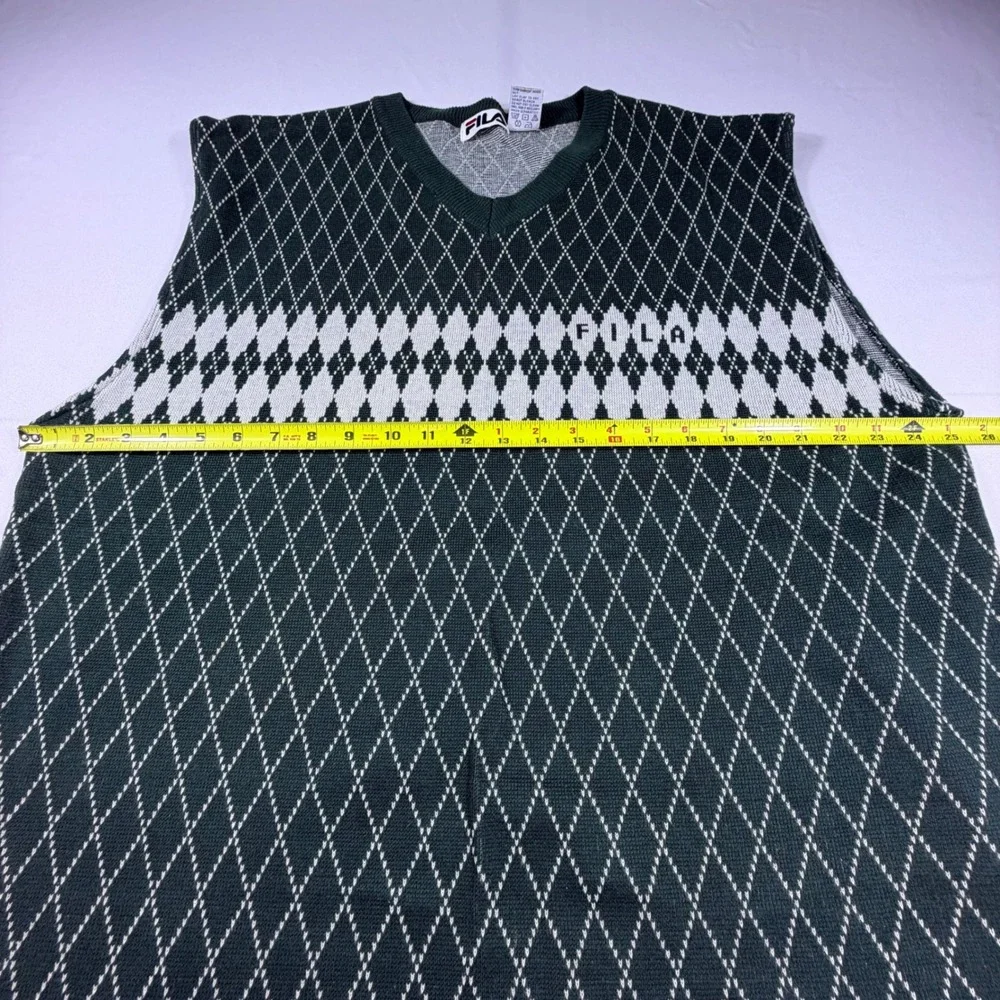 Fila‎ Mens XL Argyle Sweater Vest Forest Green White V-Neck Knit Cotton Blend